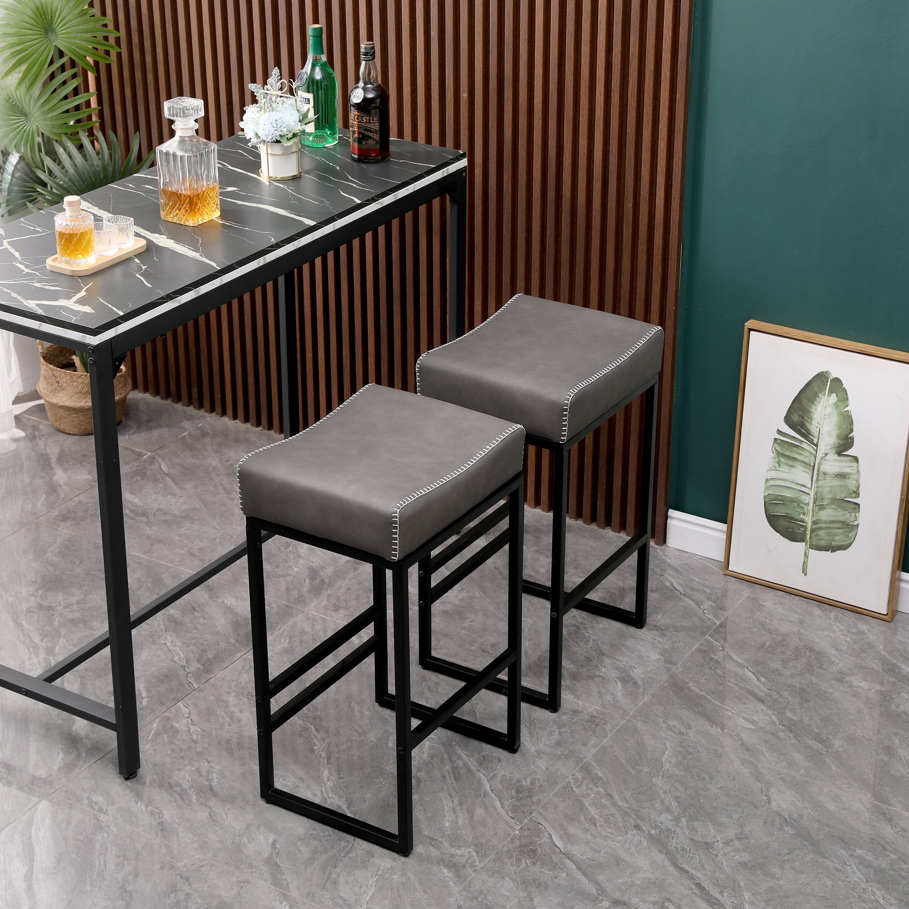 Set of 2 Barstools Modern Upholstered PU Leather Dining Chairs with Metal Legs & Footrest Kitchen, Bar Stools for Dining & Living Room (Gray Backless) Set of 2 Barstools Modern Upholstered PU Leather Dining Chairs with Metal Legs & Footrest Kitchen, Bar Stools for Dining & Living Room (Gray Backless)