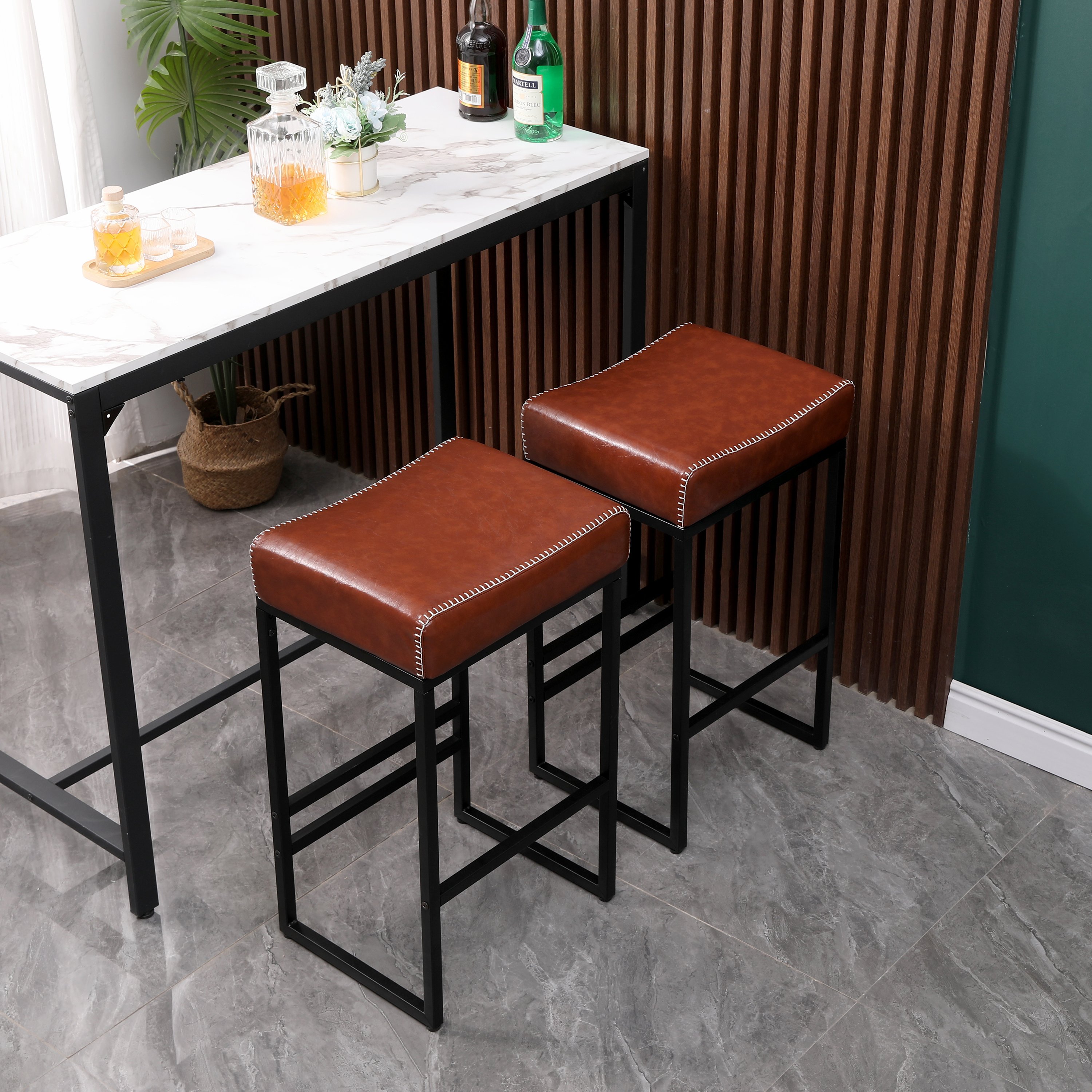 Set of 2 Counter Height Barstools with Metal Legs Upholstered PU Leather Bar Stool with Footrest Kitchen & Dining Room Chair (Brown Backless) Set of 2 Counter Height Barstools with Metal Legs Upholstered PU Leather Bar Stool with Footrest Kitchen & Dining Room Chair (Brown Backless)