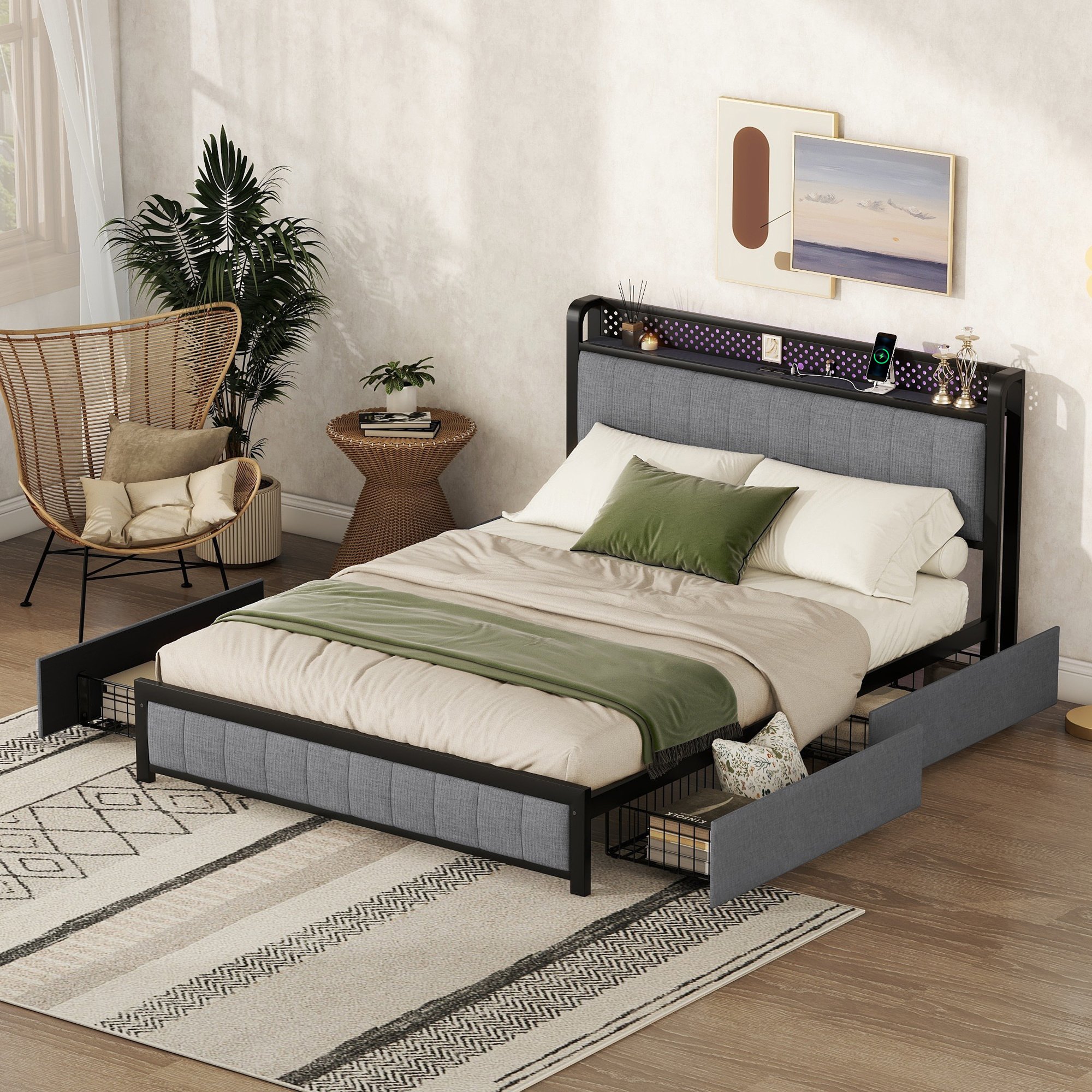 Queen Bed Frame with LED Headboard, Upholstered Bed with 4 Storage Drawers and USB Ports, Light Grey Queen Bed Frame with LED Headboard, Upholstered Bed with 4 Storage Drawers and USB Ports, Light Grey