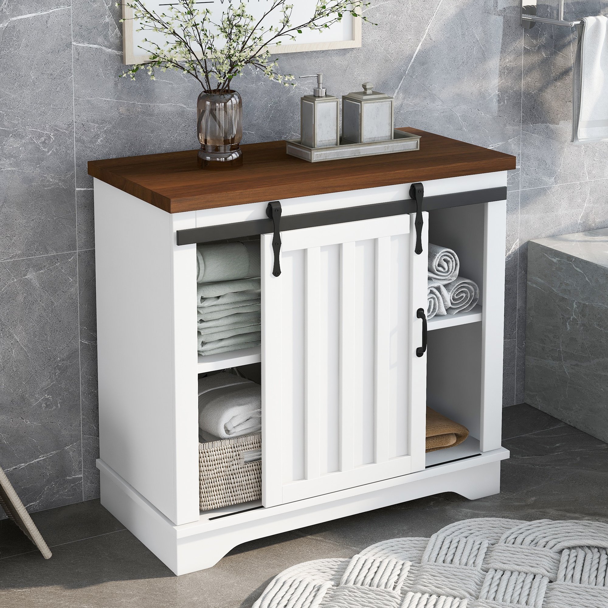 Bathroom Storage Cabinet; Freestanding Accent Cabinet; Sliding Barn Door; Thick Top; Adjustable Shelf; White and Brown Bathroom Storage Cabinet; Freestanding Accent Cabinet; Sliding Barn Door; Thick Top; Adjustable Shelf; White and Brown