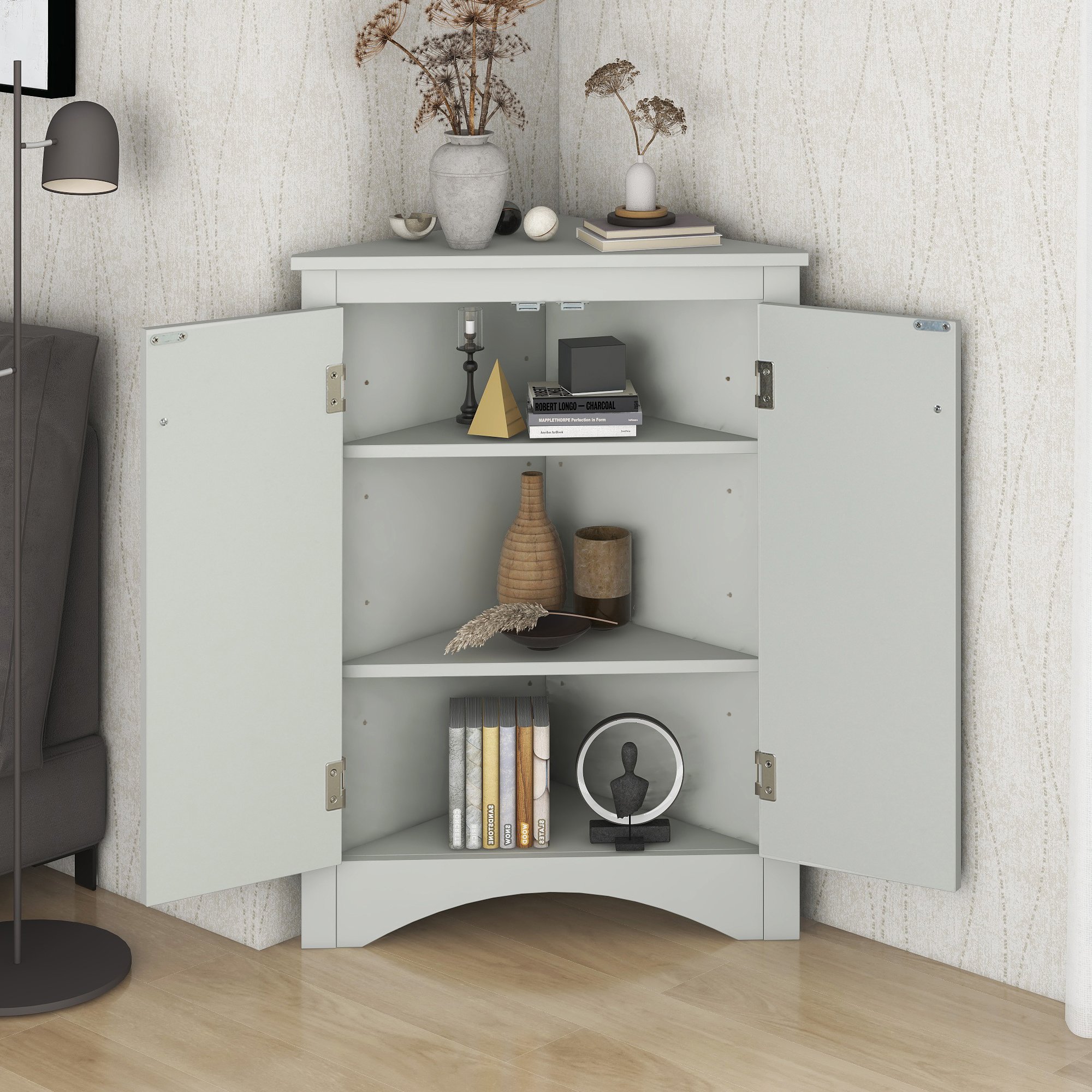 Grey Triangle Bathroom Storage Cabinet with Adjustable Shelves, Freestanding Floor Cabinet for Home Kitchen Grey Triangle Bathroom Storage Cabinet with Adjustable Shelves, Freestanding Floor Cabinet for Home Kitchen