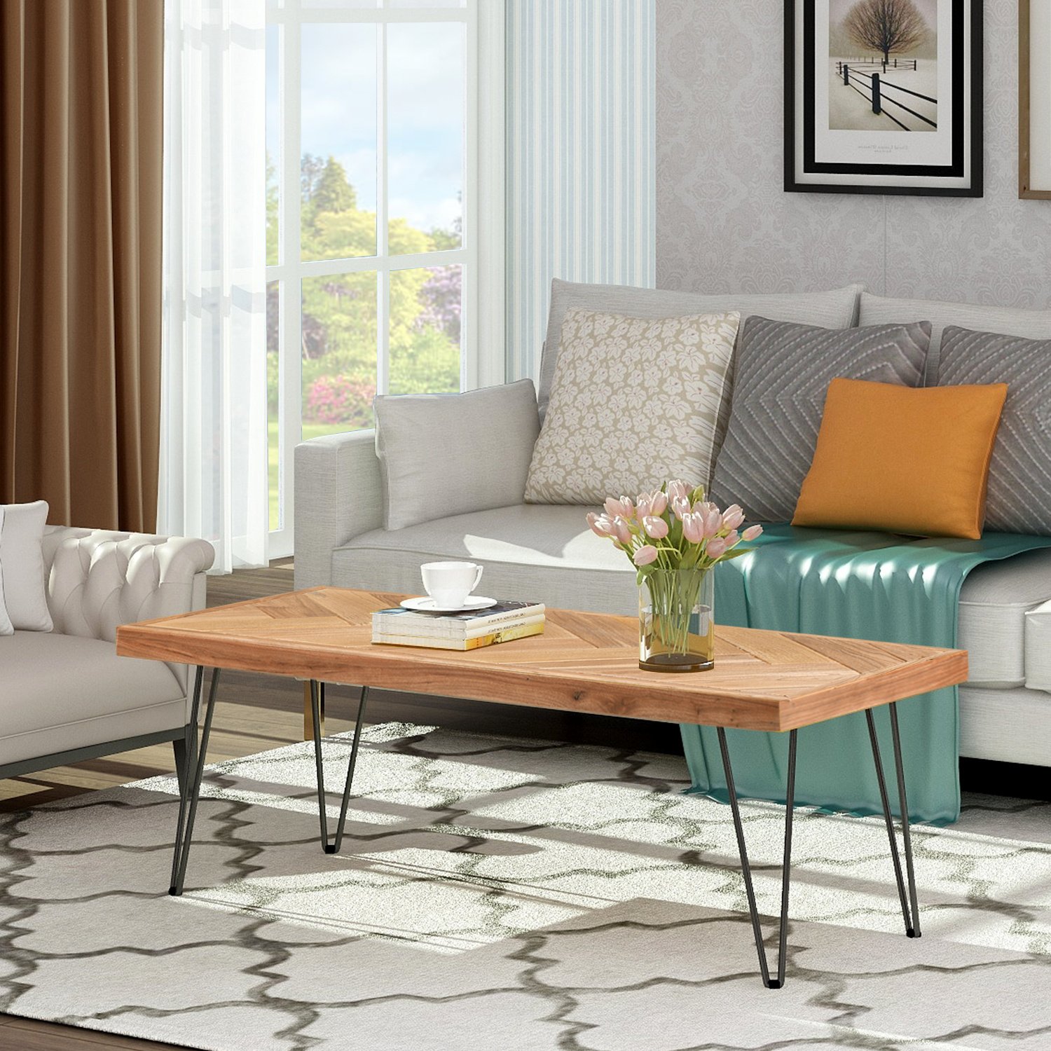 ON-TREND Modern Coffee Table; Easy Assembly Tea Table Cocktail Table w/Chevron Pattern & Metal Hairpin Legs; Nature Rough ON-TREND Modern Coffee Table; Easy Assembly Tea Table Cocktail Table w/Chevron Pattern & Metal Hairpin Legs; Nature Rough