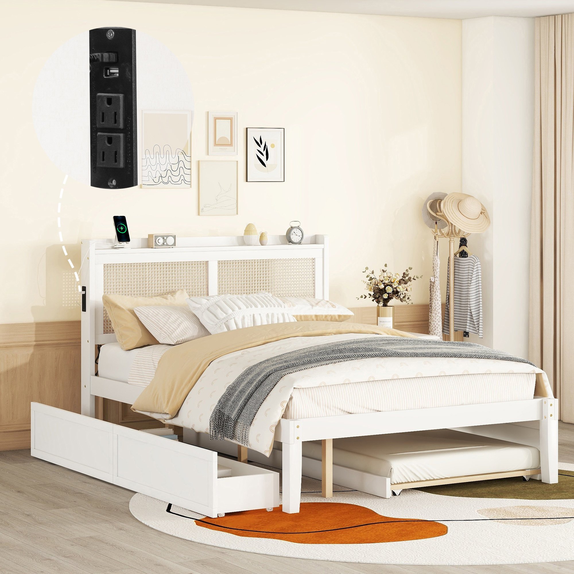 Queen Size Elegant Bed Frame with Rattan Headboard and Sockets ,White Queen Size Elegant Bed Frame with Rattan Headboard and Sockets ,White