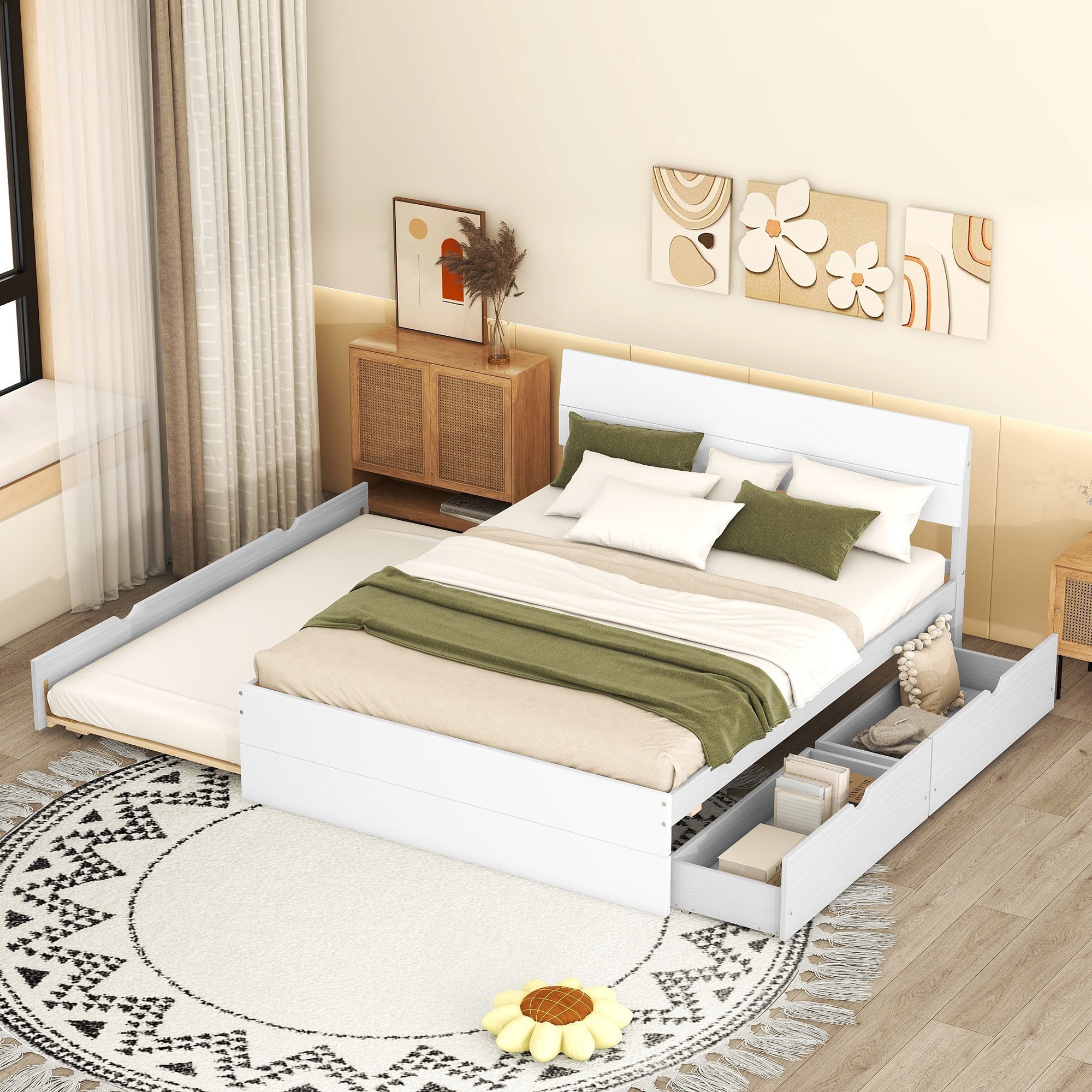 Modern Full Bed Frame With Twin Size Trundle And 2 Drawers For White High Gloss and Washed White Color Modern Full Bed Frame With Twin Size Trundle And 2 Drawers For White High Gloss and Washed White Color
