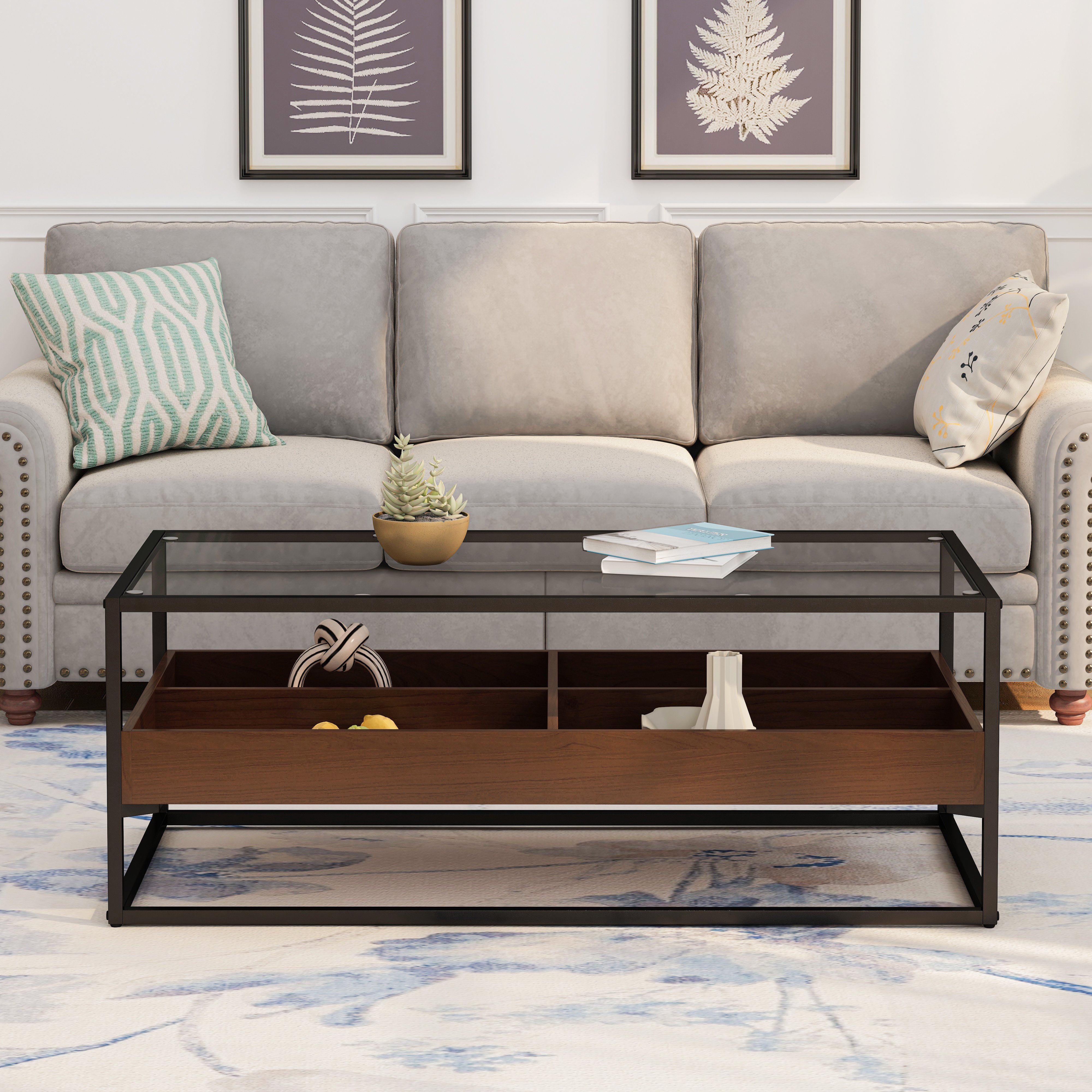 47.24"Rectangle Glass Coffee Table with storage shelf and metal table legs , Home Furniture for Living Room 47.24"Rectangle Glass Coffee Table with storage shelf and metal table legs , Home Furniture for Living Room