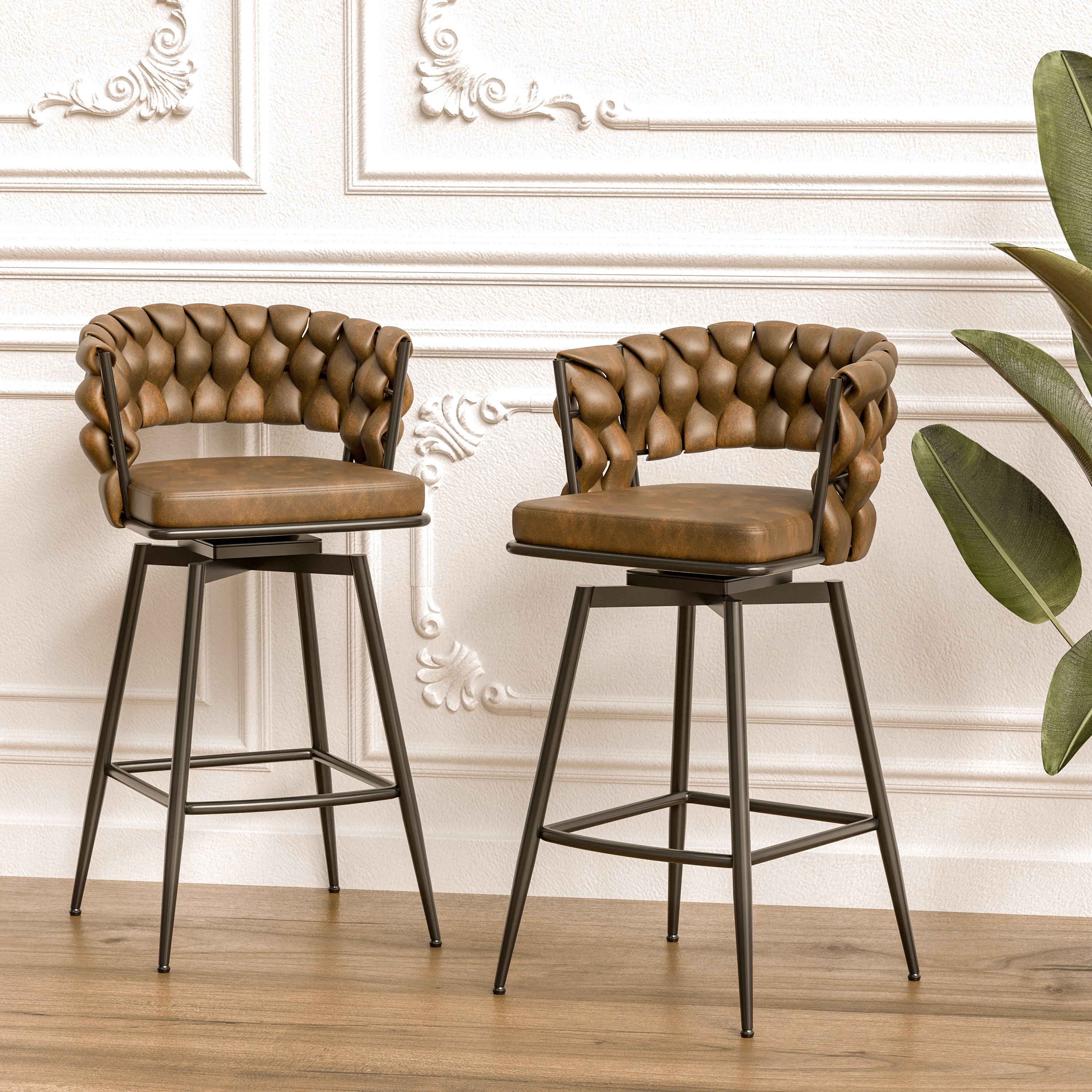 Technical Leather Woven Bar Stool Set of 2,Black legs Barstools No Adjustable Kitchen Island Chairs,360 Swivel Bar Stools Upholstered Bar Chair Counte Technical Leather Woven Bar Stool Set of 2,Black legs Barstools No Adjustable Kitchen Island Chairs,360 Swivel Bar Stools Upholstered Bar Chair Counte
