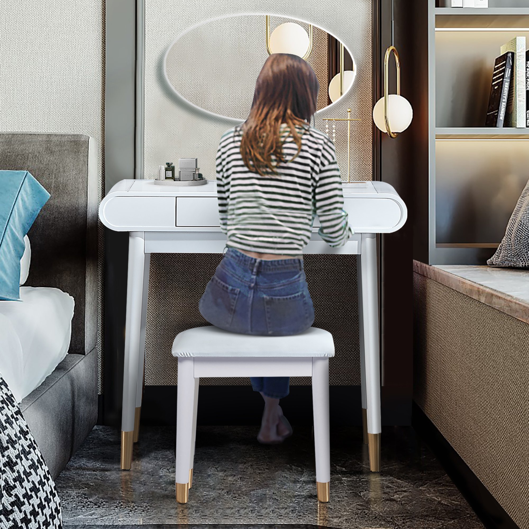 White oval makeup table set with mirror for bedroom,High Gloss Finish Dressing Table with Solid Stool White oval makeup table set with mirror for bedroom,High Gloss Finish Dressing Table with Solid Stool