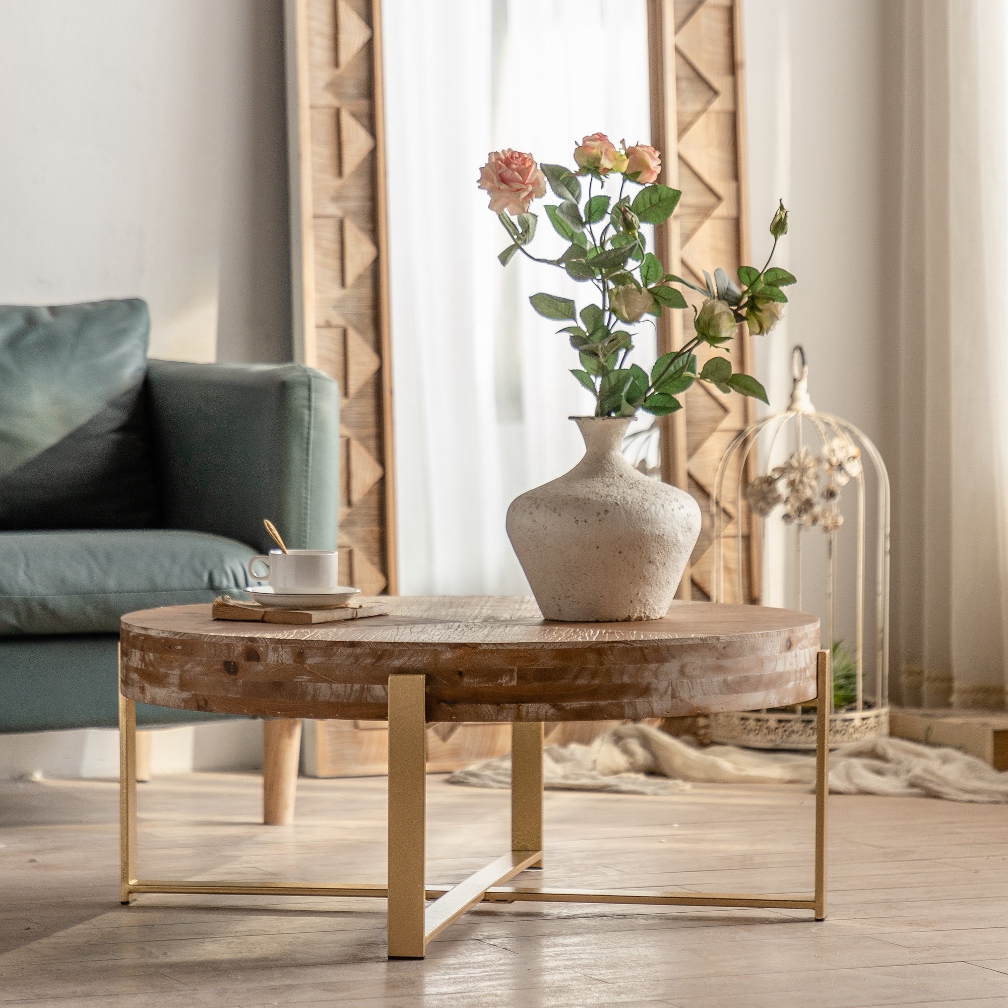 31.29"Modern Retro Splicing Round Coffee Table,Fir Wood Table Top with Gold Cross Legs Base(Same SKU:W757102843) 31.29"Modern Retro Splicing Round Coffee Table,Fir Wood Table Top with Gold Cross Legs Base(Same SKU:W757102843)