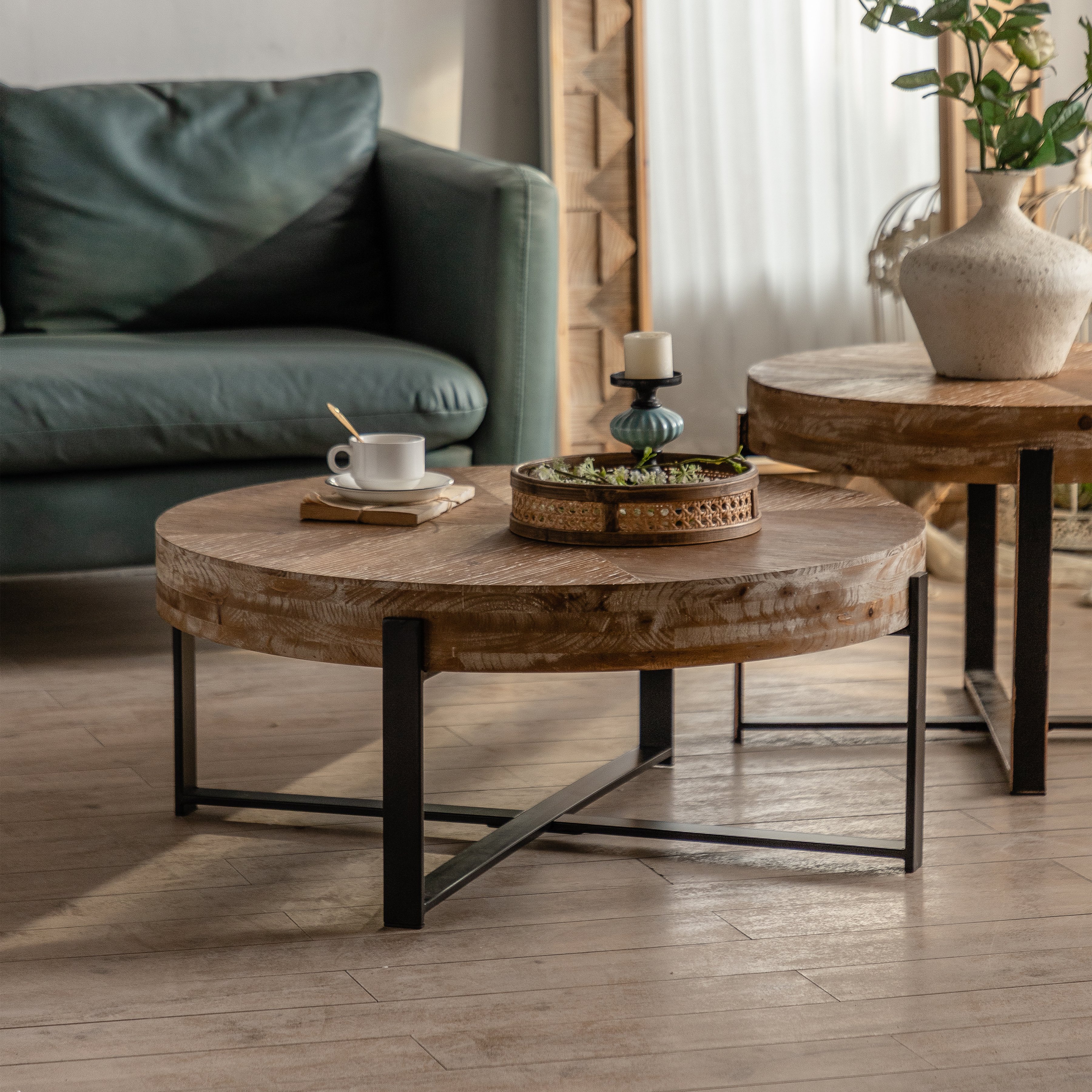 31.29"Modern Retro Splicing Round Coffee Table, Fir Wood Table Top with Black Cross Legs Base(Same SKU:W75770652) 31.29"Modern Retro Splicing Round Coffee Table, Fir Wood Table Top with Black Cross Legs Base(Same SKU:W75770652)