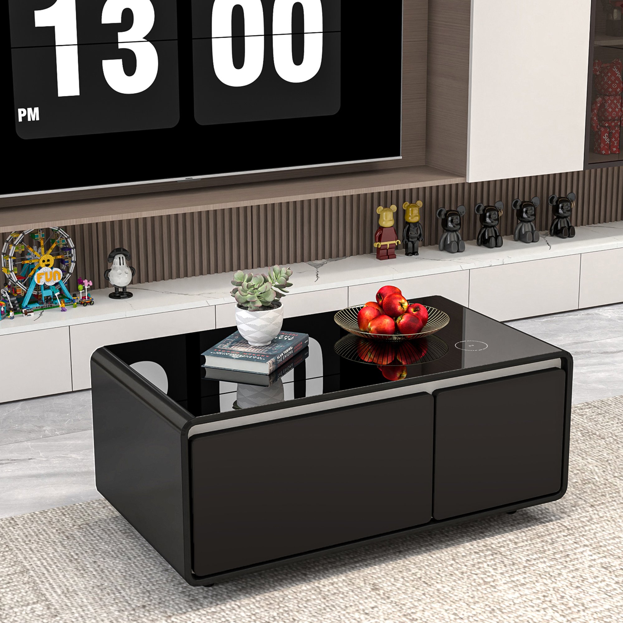 Modern Smart Coffee Table with Built-in Fridge, Wireless Charging, Power Socket, USB Interface, Outlet Protection, Mechanical Temperature Control and Modern Smart Coffee Table with Built-in Fridge, Wireless Charging, Power Socket, USB Interface, Outlet Protection, Mechanical Temperature Control and