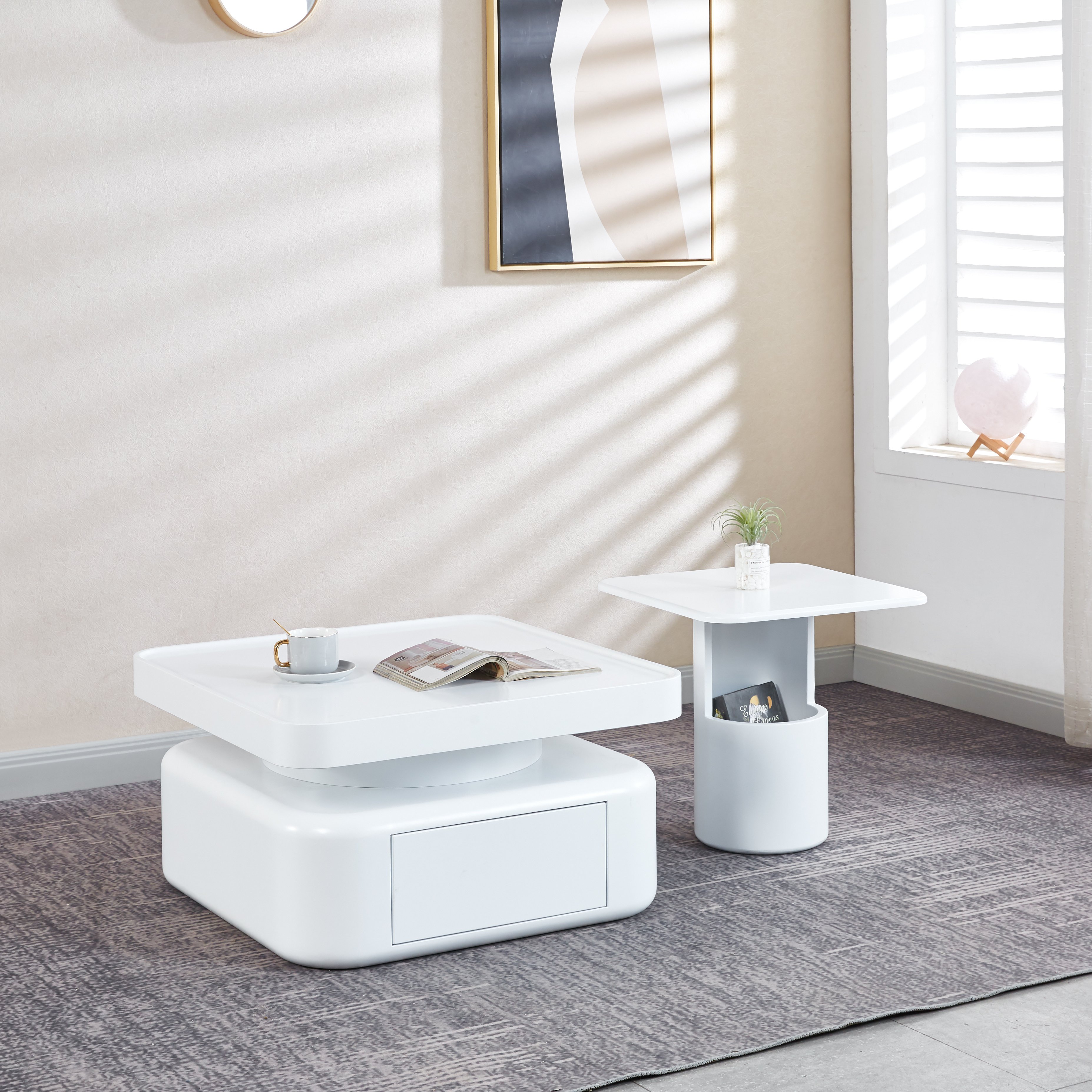 2 Pieces White MDF Square Coffee Table Set for Living Room, Bedroom 2 Pieces White MDF Square Coffee Table Set for Living Room, Bedroom