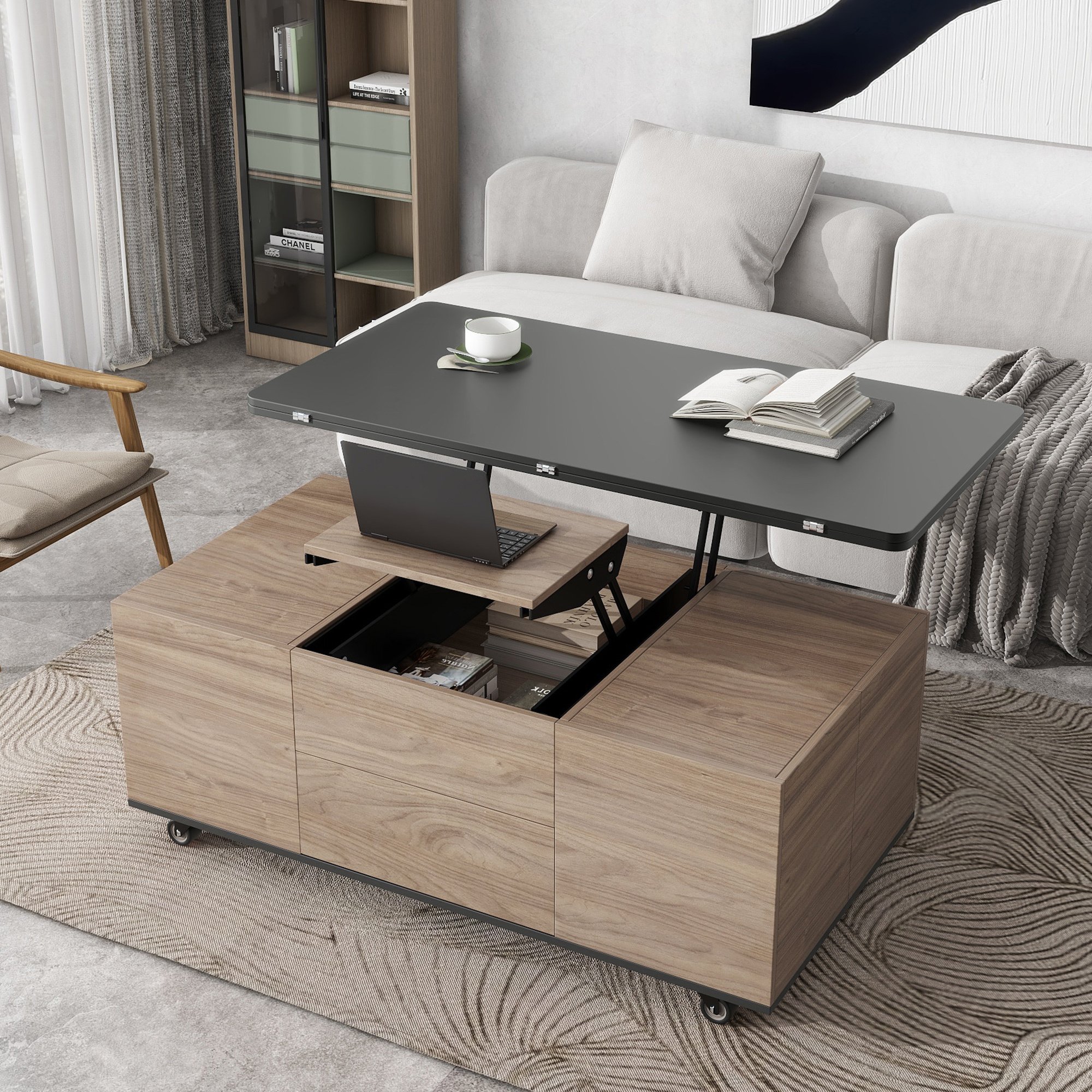 Modern Lift Top Coffee Table Multi Functional Table with 3 Drawers in Walnut & Black Modern Lift Top Coffee Table Multi Functional Table with 3 Drawers in Walnut & Black