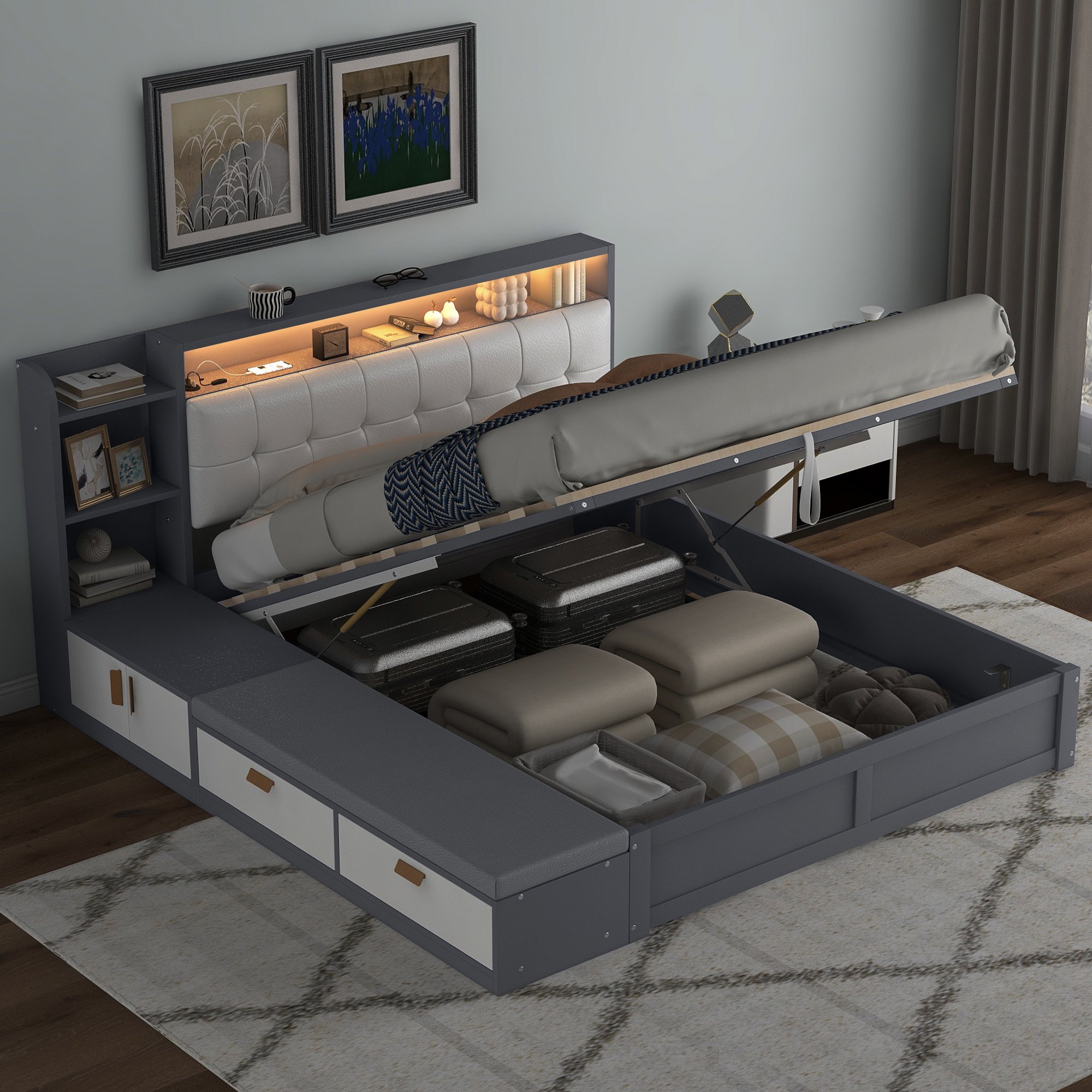Queen Size Platform Bed Frame with Upholstery Headboard and Storage Shelves and,USB Charging,Gray Queen Size Platform Bed Frame with Upholstery Headboard and Storage Shelves and,USB Charging,Gray