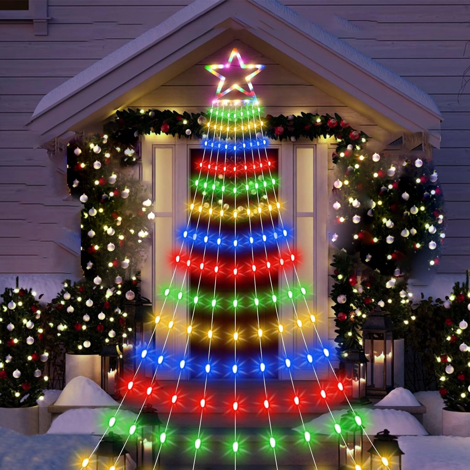 Christmas Hanging Waterfall String Light with Topper Star IP65 Waterproof Outdoor Plug In Fairy Waterfall Tree Light with 8 Lighting Modes Timer Memor Christmas Hanging Waterfall String Light with Topper Star IP65 Waterproof Outdoor Plug In Fairy Waterfall Tree Light with 8 Lighting Modes Timer Memor