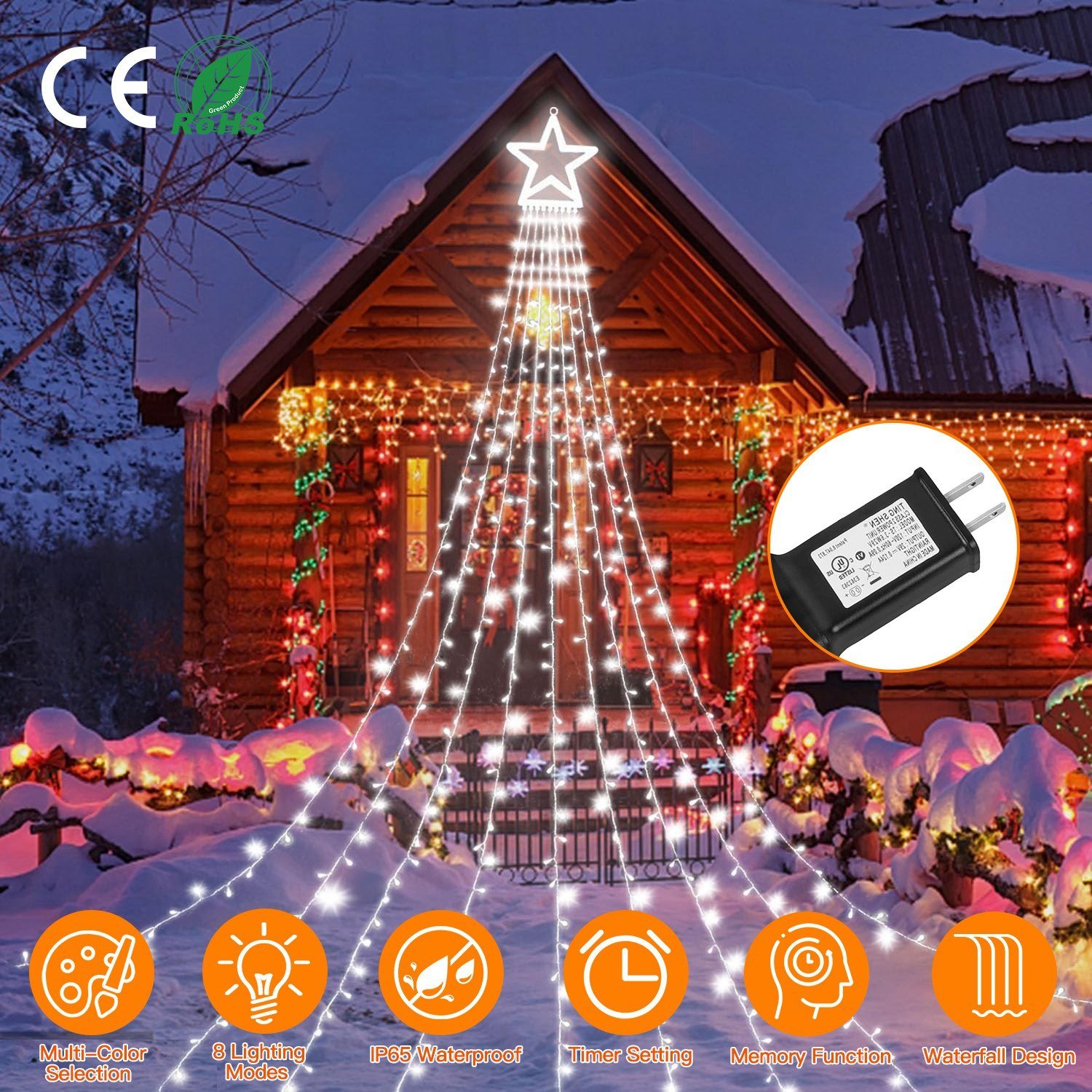 Christmas Hanging Waterfall String Light with Topper Star IP65 Waterproof Outdoor Plug In Fairy Waterfall Tree Light with 8 Lighting Modes Timer Memor Christmas Hanging Waterfall String Light with Topper Star IP65 Waterproof Outdoor Plug In Fairy Waterfall Tree Light with 8 Lighting Modes Timer Memor