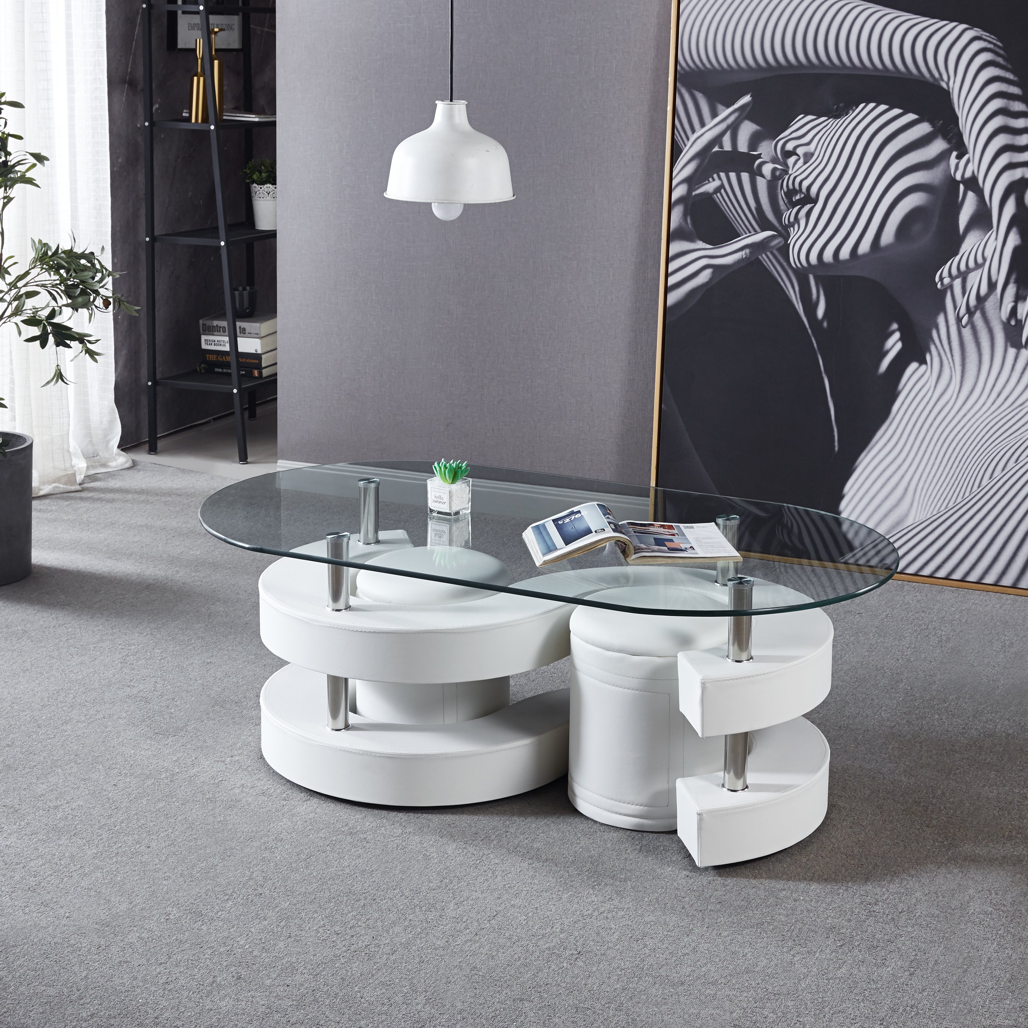3 Pieces Coffee Table Set, Oval 10mm/0.39" Thick Tempered Glass Table and 2 Leather Stools 3 Pieces Coffee Table Set, Oval 10mm/0.39" Thick Tempered Glass Table and 2 Leather Stools
