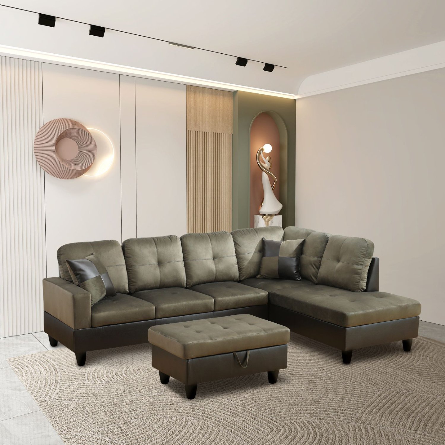 Taupe Flannel And PVC 3-Piece Couch Living Room Sofa Set Taupe Flannel And PVC 3-Piece Couch Living Room Sofa Set