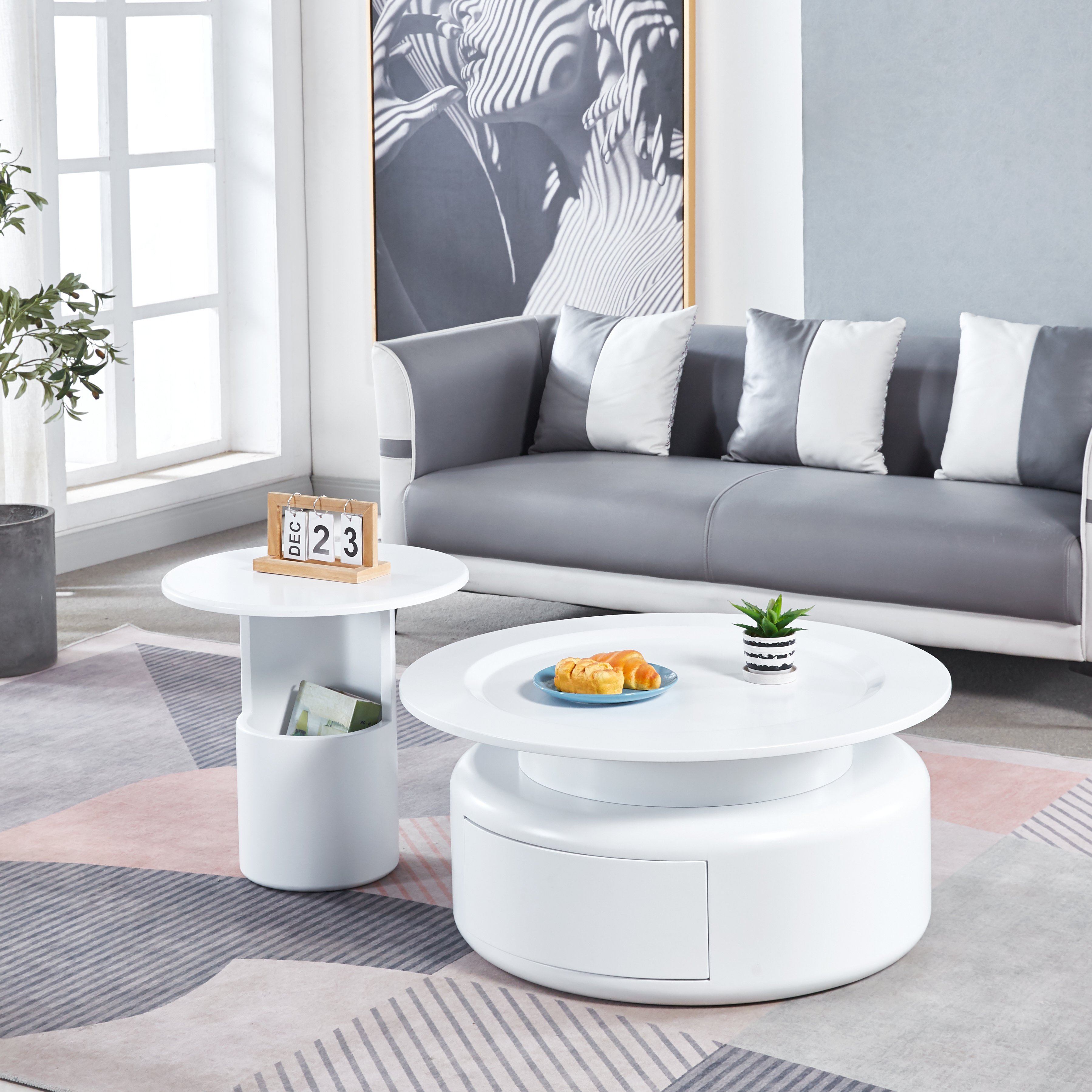 2 Pieces White MDF Round Coffee Table Set for Living Room, Bedroom 2 Pieces White MDF Round Coffee Table Set for Living Room, Bedroom